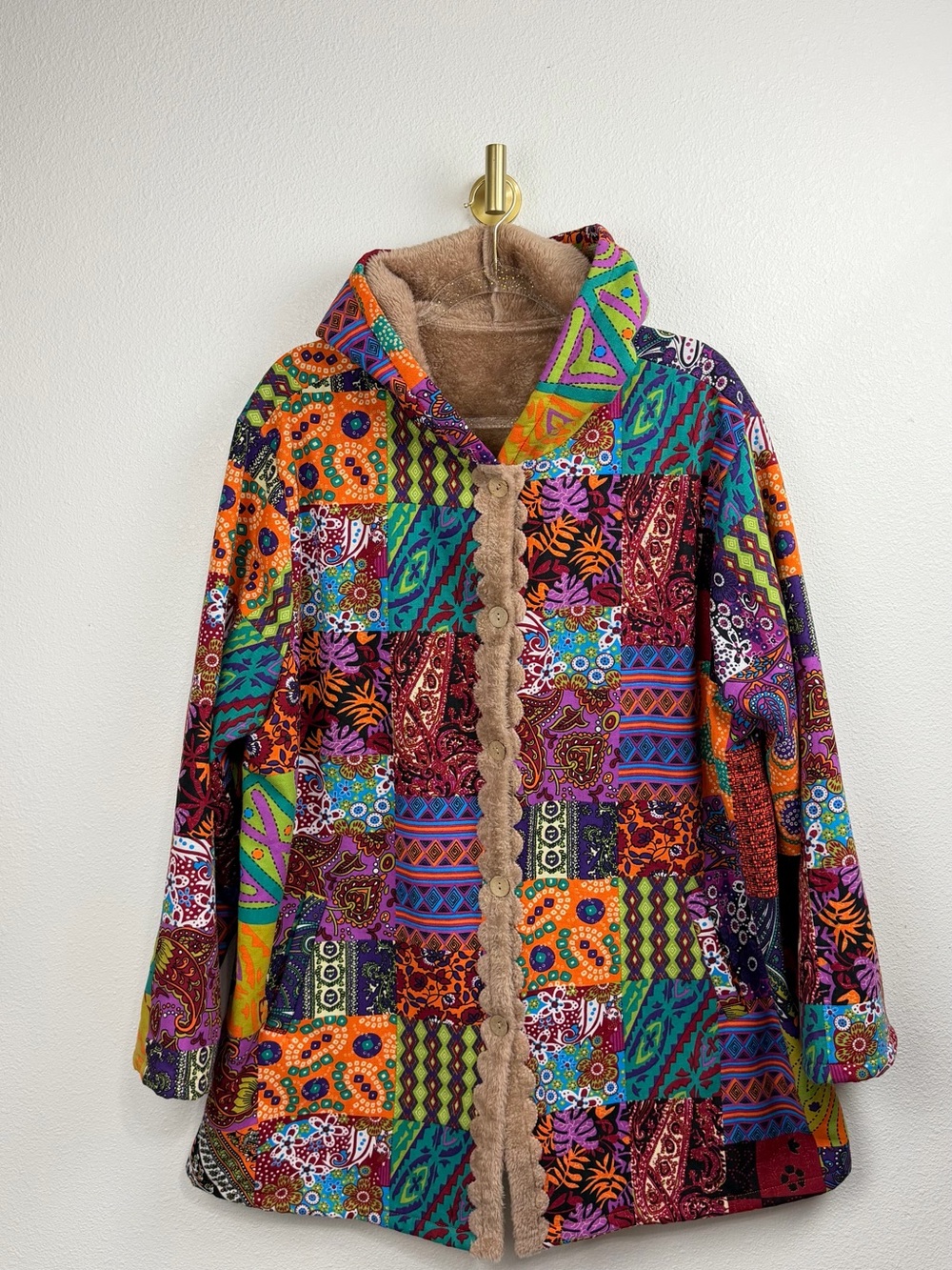 Patchwork Boho Multicolor Hooded Coat with Faux-Shearling Trim Size 4x